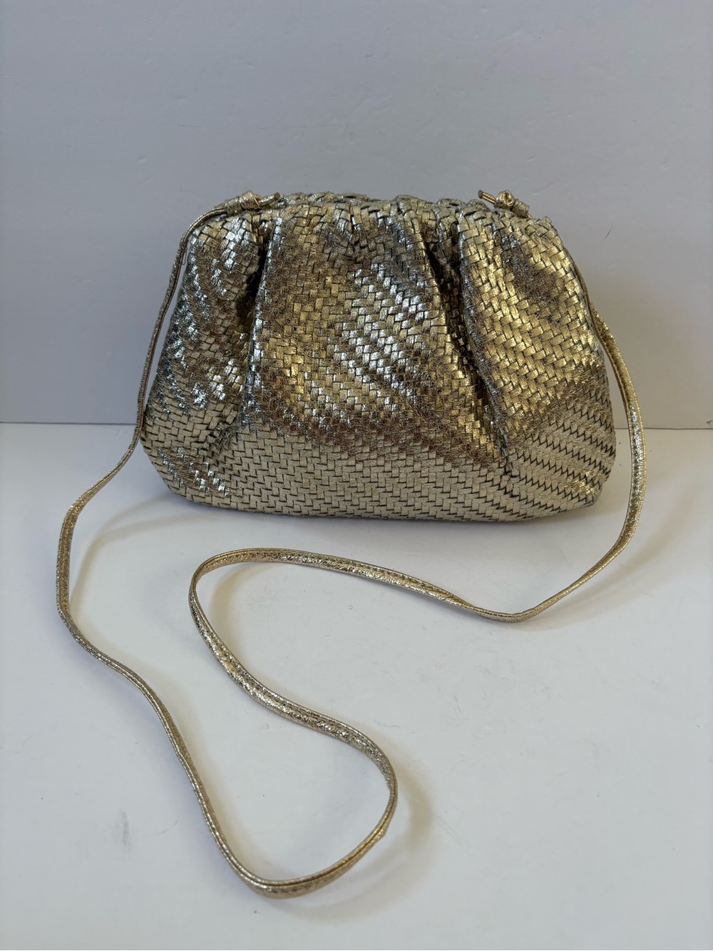 Anthropologie Frankie Clutch Bag Gold Preppy Party Guest Woven Slouchy Dumpling - Picture 2 of 11